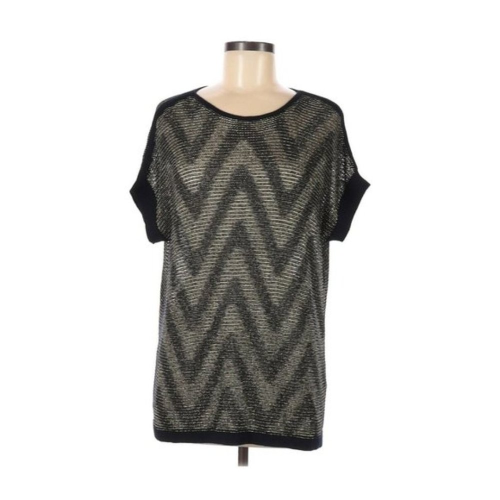 Chico's Women's Metallic Short Sleeve Sweater Size 1 Medium Blue Gold Chevron